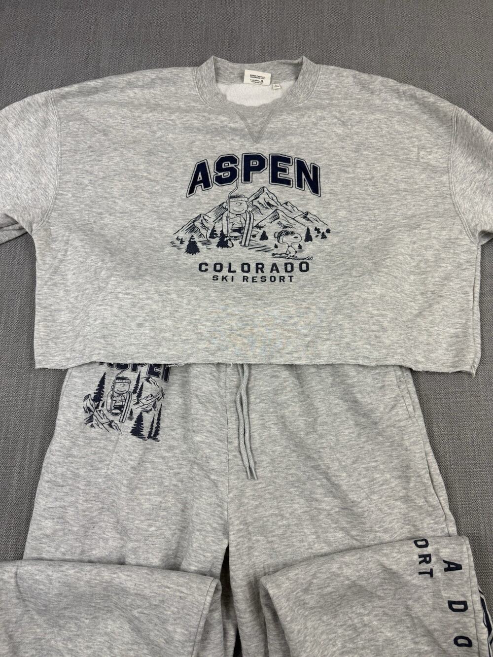 Peanuts Snoopy Aspen Colorado Ski Resort Sweatshirt Pants Set Gray Large